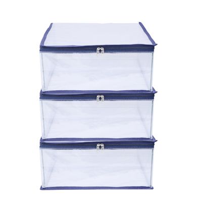MBW Fabric Clothes Organiser for Wardrobe, Saree Covers with zip, Saree Organizer for Wardrobe, Clothes Storage Bag for Storage, Transparent (Dark Blue - Pack of 3), 25x35 cm