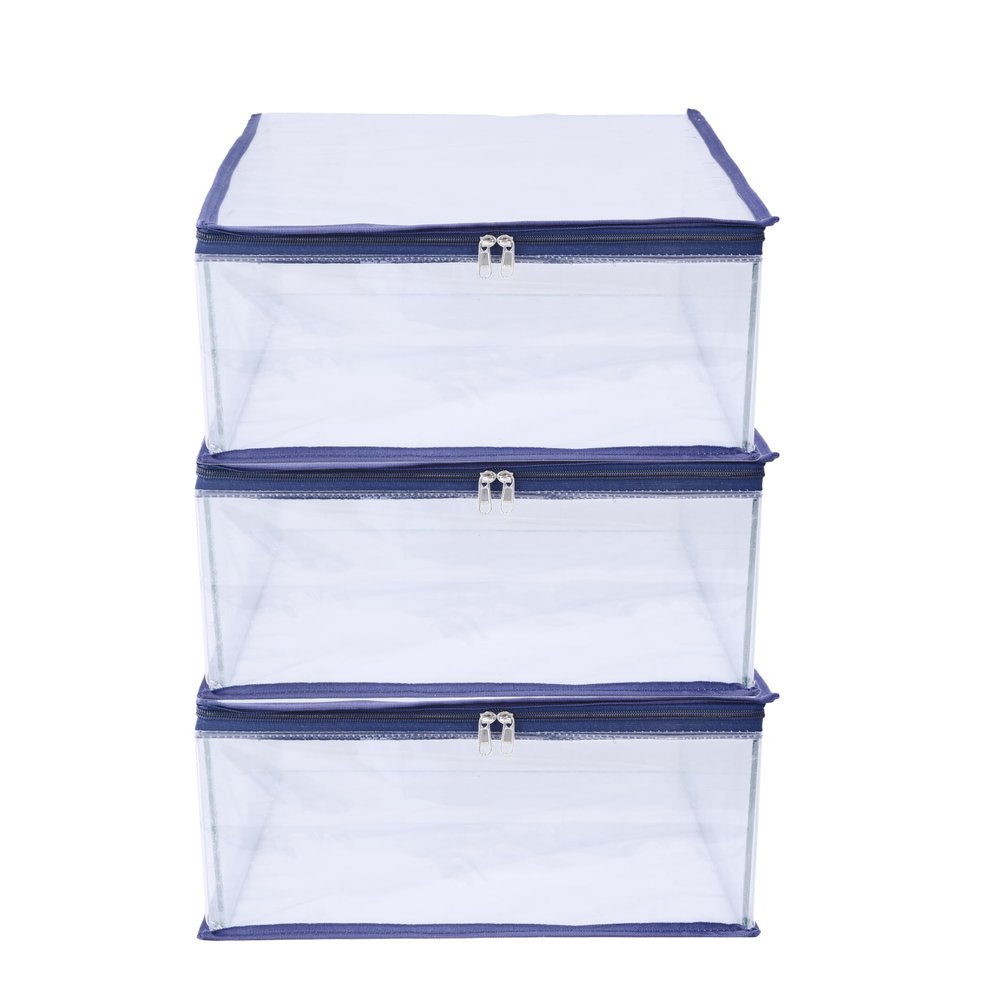 MBW Fabric Clothes Organiser for Wardrobe, Saree Covers with zip, Saree Organizer for Wardrobe, Clothes Storage Bag for Storage, Transparent (Dark Blue - Pack of 3), 25x35 cm