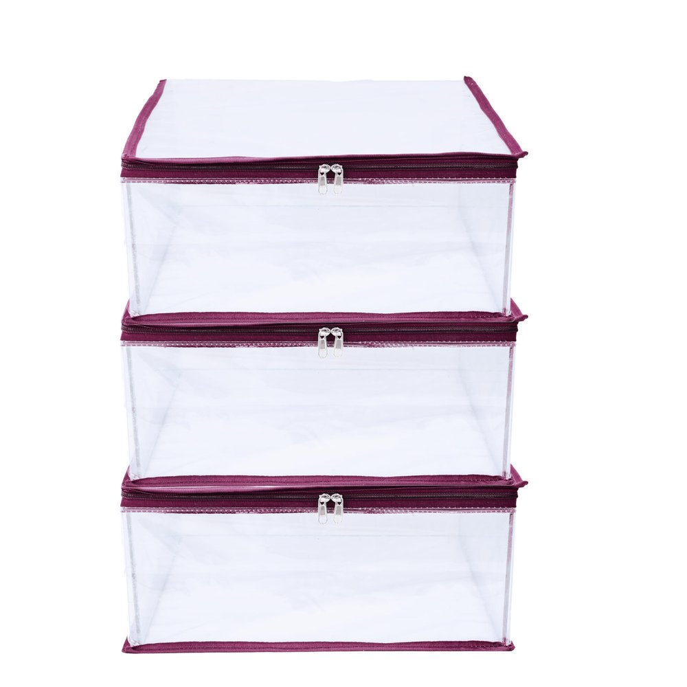 MBW Clothes Organiser for Wardrobe, Saree Covers with zip, Saree Organizer for Wardrobe, Clothes Storage Bag, Saree Bags Storage, Saree Covers for Storage, Transparent (Maroon - Pack of 3)