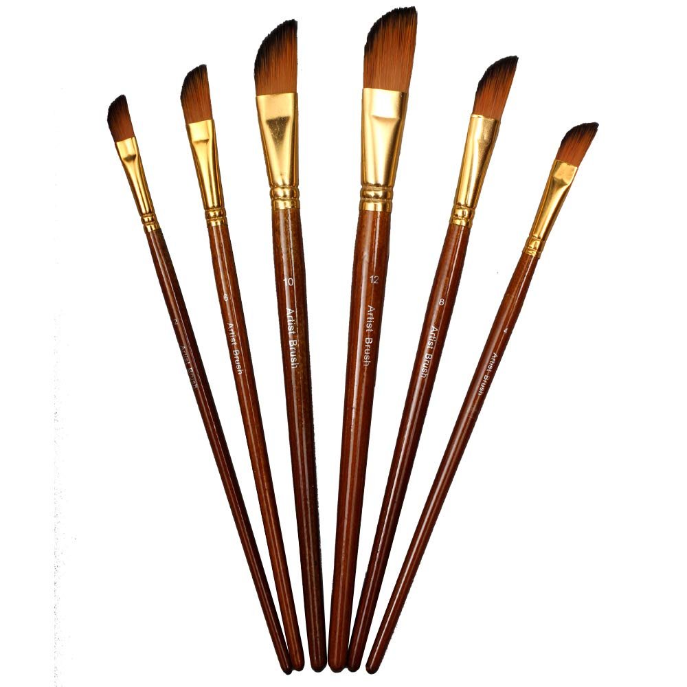 Chrome Small Handle Synthetic Dagger Tip Artist Paint Brushes 6 Piece Set (Brown)