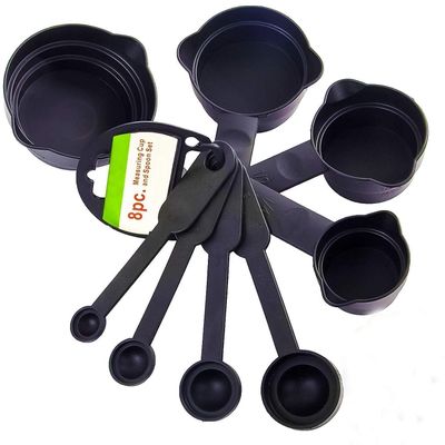 DEBIRE 8 Pieces Glossy Measuring Cup and Spoon Set for Kitchen Baking and Cooking, Multipurpose Black Measuring Tools for Cake, Cookies, Desserts, Dry and Liquid Ingredients, Durable and Easy to Use