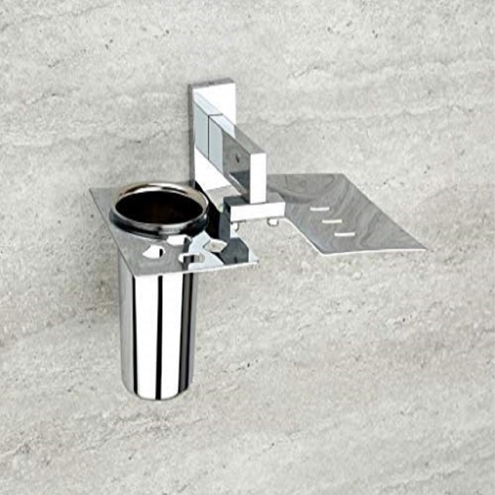 Frap Soap Tray + Tumbler Holder or Soap Dish with Toothbrush Stand (Material : Stainless Steel) Set of 1