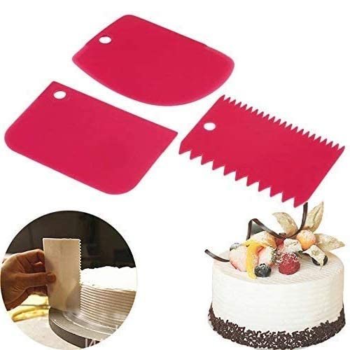 KOUZZINA Plastic Dough Bench Scraper Cake Cutter, Chopper, Smoother Icing Fondant Cake Decorating Pastry Baking Tool (Color May Vary, 3pcs)