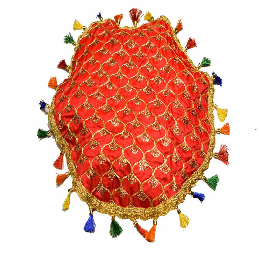 Dulhan 1 Pc Gold Hook and Multicolor Funda Satin Silk Worked Thali Cover/Thaal Posh Pooja Thali Cloth for Wedding, janmashtmi, Prasad Plate, ganpati, Navratri, Diwali, Festivals (18 x 18 inch, Red)