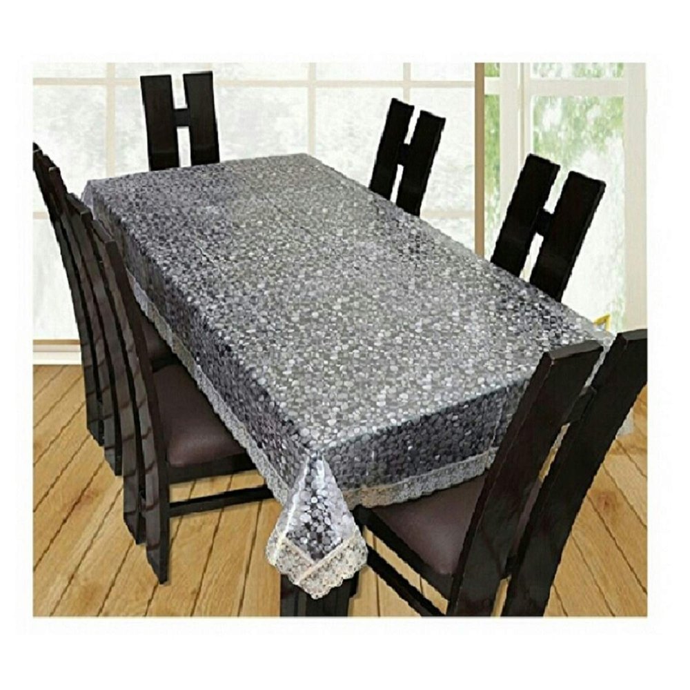 MONKDECOR 0.20mm PVC 3D Bubble Self Design 6 Seater Transparent Dining Table Cover with Goden Lace (Size- 60x90 Inches)