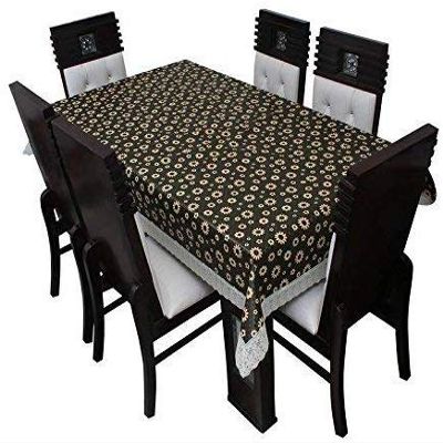 ZITIN Brown Flower Printed Dining Table Cover for 6 Seater Size 54 * 78 Inches (White Lace)