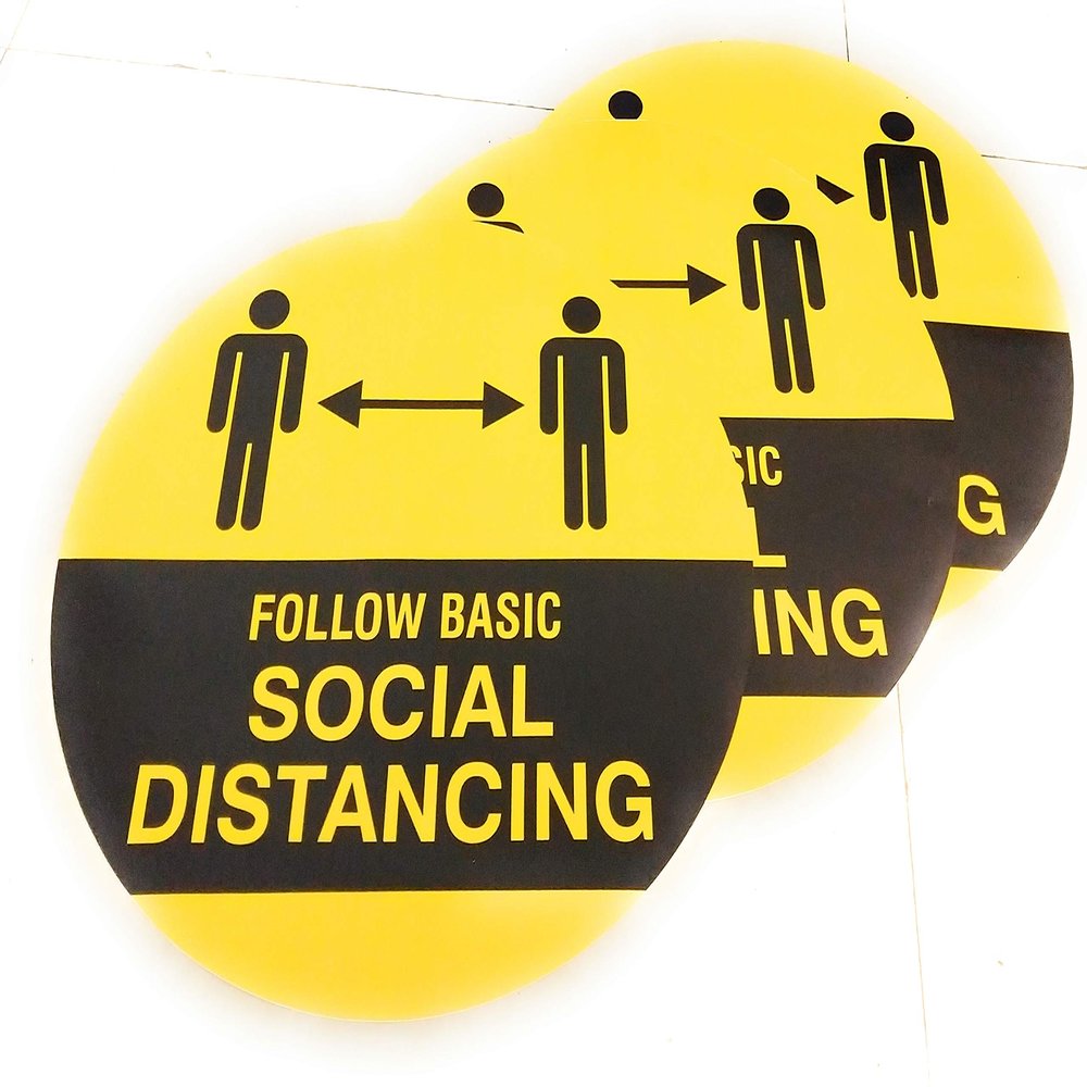 ADD GEAR - Follow Social DISTANCING Floor Decals 150 Micron Screen Printed PVC Sticker with Anti-Skid Lamination and granular Texture Round (Dia 15 Inch) (3)