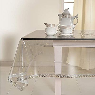 LIV -LIV IN VIBRANCE 0.20MM Sleek PVC Transparent Clear Square Table Cover with Silver Lace Waterproof Protector (40" x 40")
