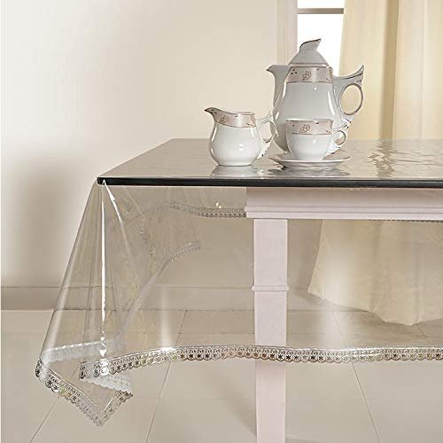LIV -LIV IN VIBRANCE 0.20MM Sleek PVC Transparent Clear Square Table Cover with Silver Lace Waterproof Protector (40" x 40")