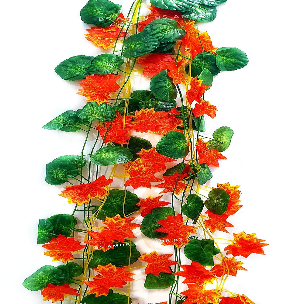 BS AMOR Wall Hangings Home Decor Creeper/Garland Flower Plant Bedroom/Balcony/Garden/Living Room Orange Green Pack of 6 Strings (3 Orange + 3 CircularGreen)