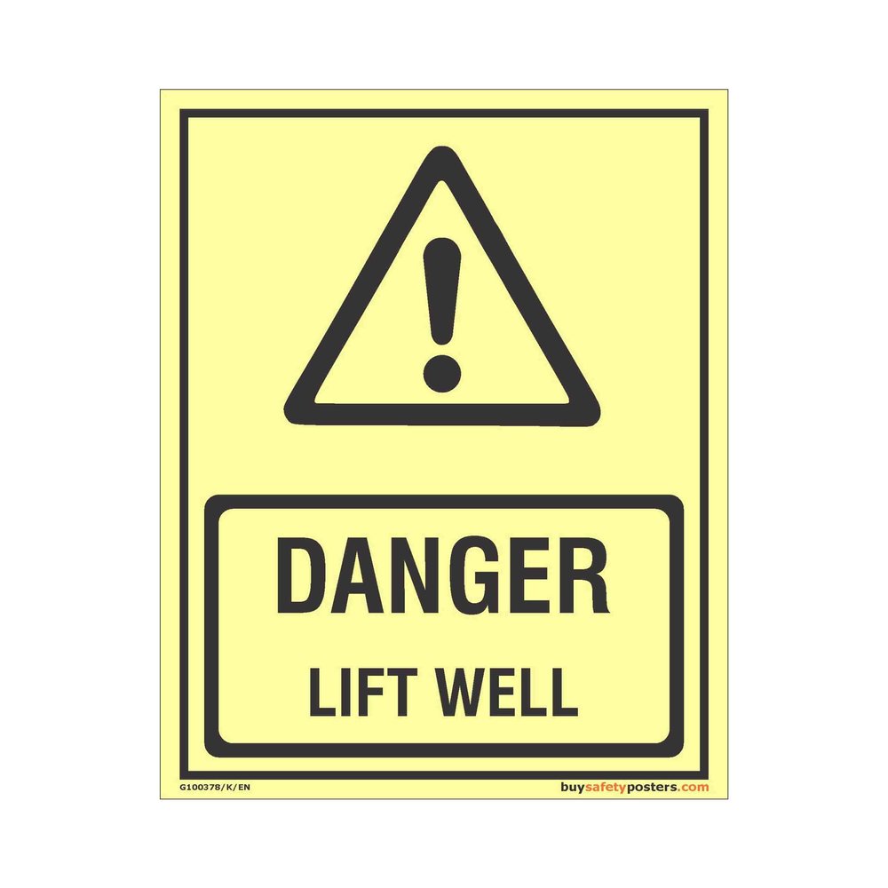 buysafetyposters.com - Lift Well Danger Glow Sign - Glow In Dark Eco Vinyl Sticker - (375 mm X 250 mm)