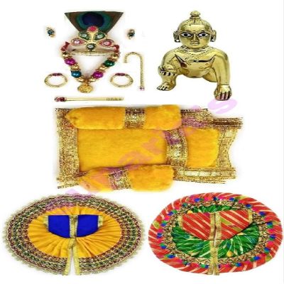 Suparia's Laddu Gopal Murti (Brass Idol) with Shringar Set of Mukut, Mala, Bansuri, Asan and 2 Dresses (Ladoo Gopal Dress Combo) (Size: 0 no.)