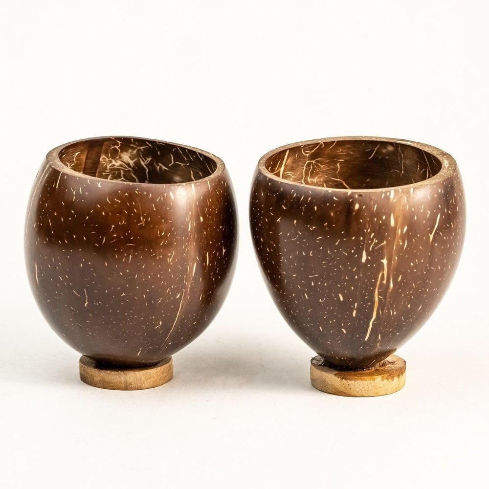 Thenga Coconut Shell Cups Set of 2 | Natural & Handmade 200 ml Tea, Coffee, Juice & Smoothie Cups | Eco-Friendly Coconut Drinkware | Rustic Sustainable Tableware for Kitchen, Dining & Gifting