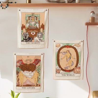 SheetKart Cotton Tarot Flag Tapestry The Chariot, The World and The Lovers Bohemian Printed Hand Made Wall Hanging Tapestries with Steel Grommets, (Beige, 20 x 16 inches) - Pack of 3