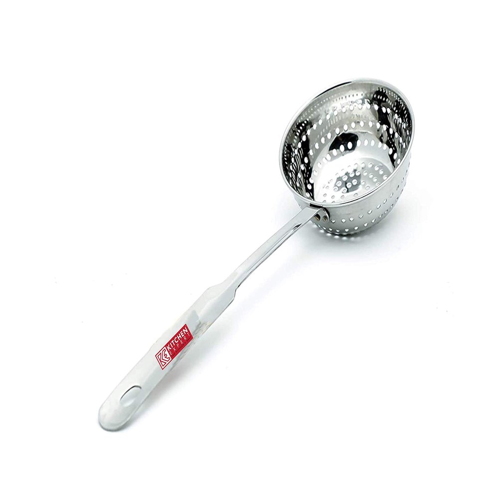 Kitchen Expert Stainless Steel Bowl Shaped Poha Jhaara/Handheld Colander/Strainer with Holes, 12 * 37 cm