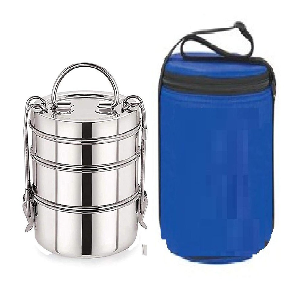 FUTENSILS Manav 3-Tier Stainless Steel Lunch Box with Bag (Size -7X3, 1670ml, 4.5 inch Dia, Silver), Leakproof, Heat Resistance. Office Pack
