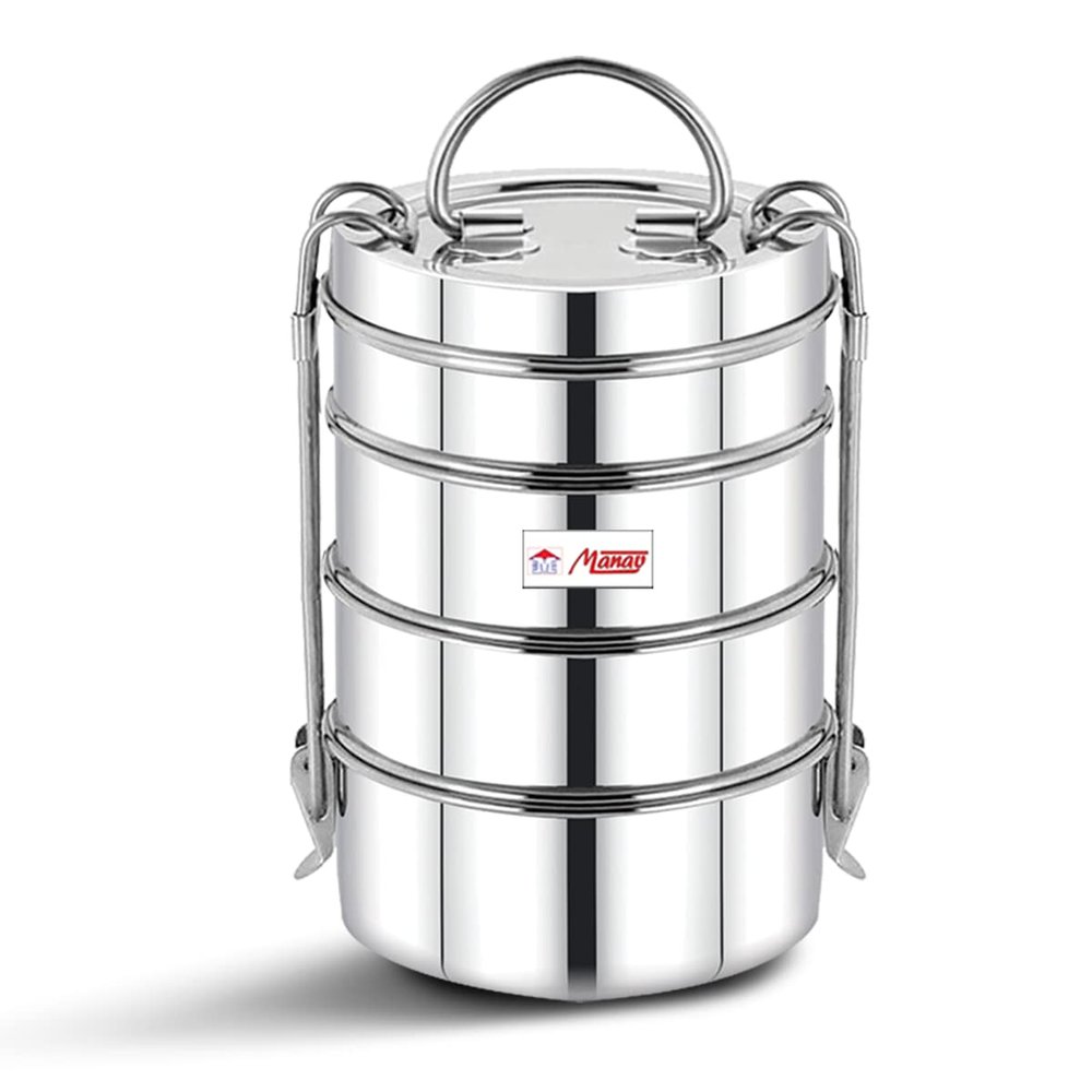 FUTENSILS Manav Stainless Steel Tiffin Box, Size - 8x4, 4-Tier, Steel Lunch Box, Tiffin [Silver, Capacity- 2790ml, Dia- 5 Inch], Leakproof, BPA Free, Hear Resistance for 1 Hour., A Product