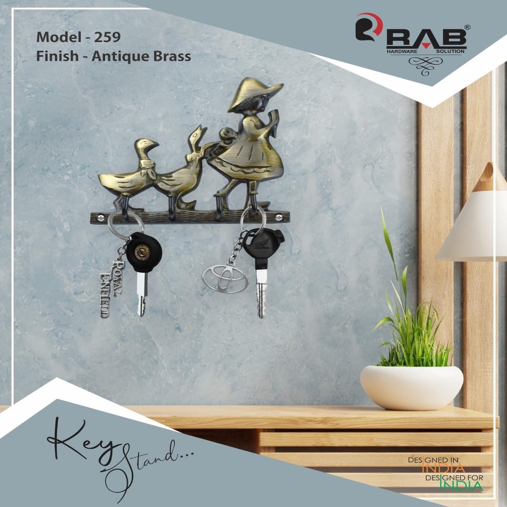 RAB Key Stand Wall Mounted Metallic Key Holder with 4 Hook for Home Decor (Design- Girl And Duck Antique(259) 4 Hooks )