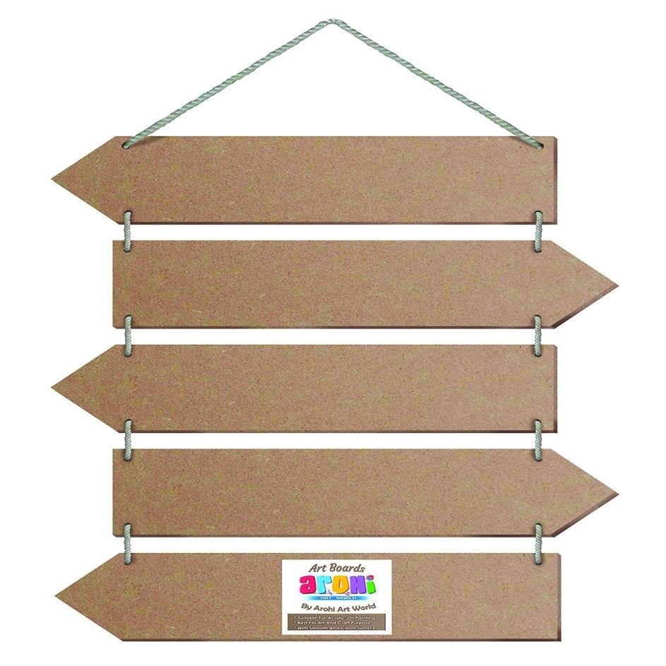 Arohi Art World MDF Arrow Shape Plaques With Rope Set Of 5 Plaques with Rope Set of 5 Suitable for Decoupage,Resin Art,Pyrography,Mandala Art Plaques Size: 20x15 Inches ( Each Plaque size is 15x3.5 Inches) Thickness 4mm (L: 50.8 cm x W: 38.1 cm x H:
