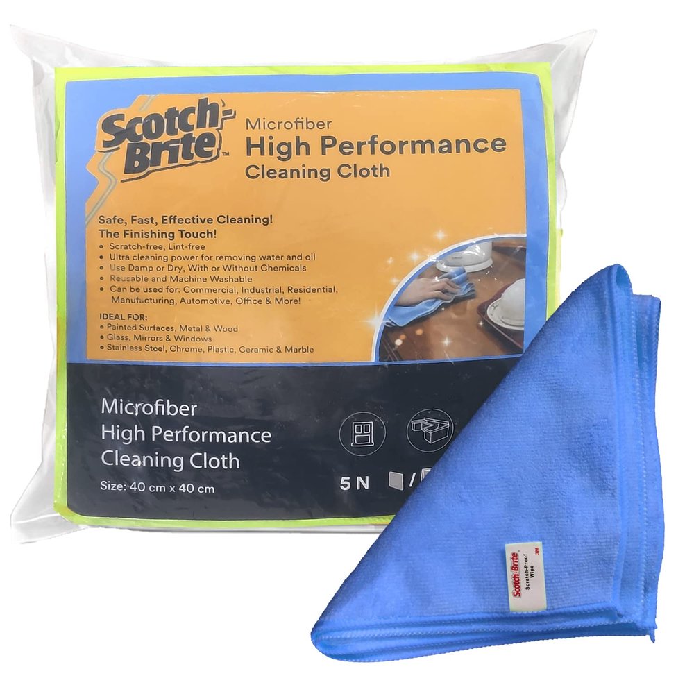 Scotch-Brite 3M High Performance Microfiber Cleaning Cloth - 300 GSM, Lint & Scratch Free, Multi Use for Glass, Metal, Wood, Superior Stain Removal Wipe Cloth 40 cm X 40 cm (Blue, Packs of 5)