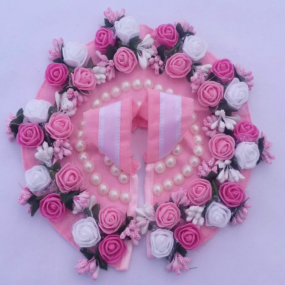 REYON Cotton laddu Gopal poshak Having Bunch of White and Pink Flowers Attached with White pearls (Size 4)