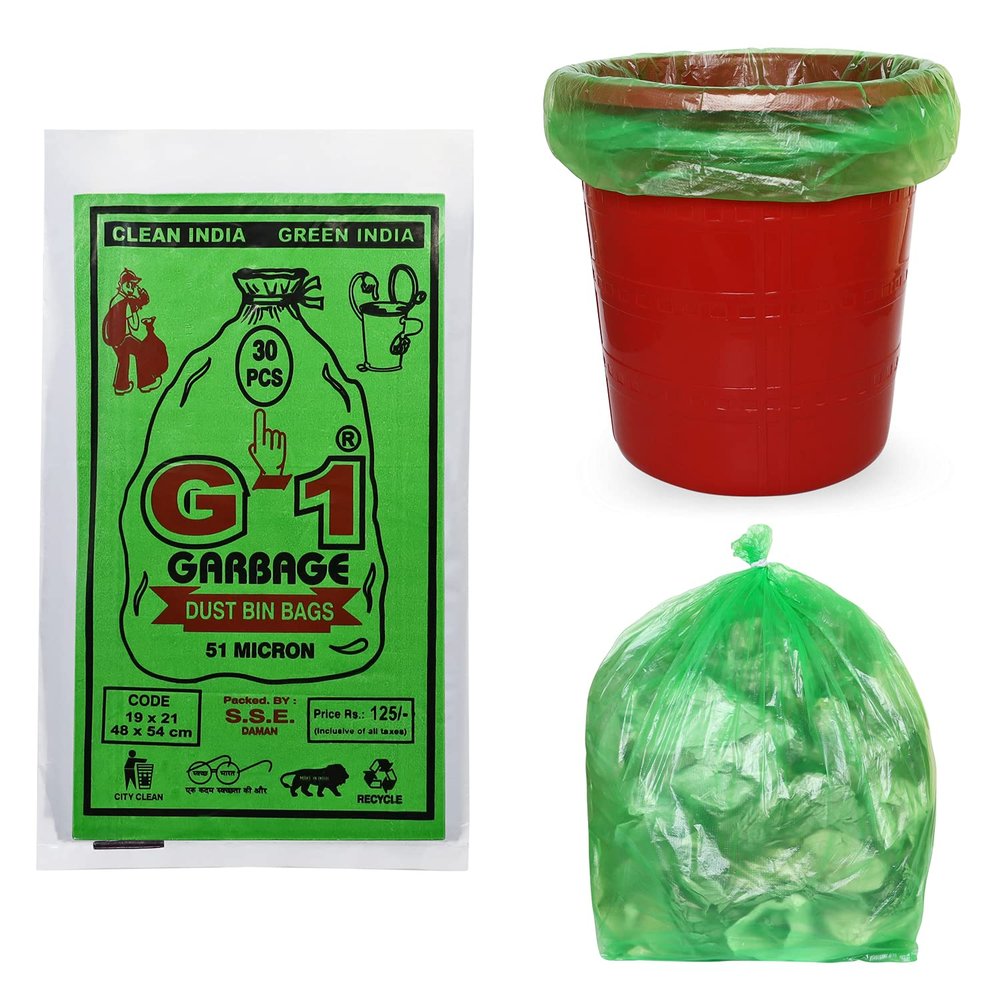 G 1 Trash Bags | Garbage Bags for Home | Kitchen Dry Waste | 19 X 21 Inch | Medium Size | Green Color | 180 Pieces | Pack of 6 | 30 Pcs in Each Pack | Disposable | Dustbin Covers
