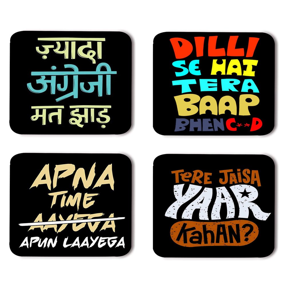 Whats Your KickFunny Quotes Printed Coasters with Beautiful Metal Stand/Holder (MDF Wooden, Set of 4, 3.5x3.5 Inch, Square) for [ Tea/Coffee/Mug/ ] Funny Quotes, Hindi Quotes, Fun (Multi 5)