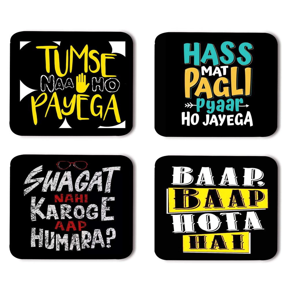 WHATS YOUR KICK Funny Quotes Printed Coasters with Beautiful Metal Stand/Holder (MDF Wooden, Set of 4, 3.5x3.5 Inch, Square) for [ Tea/Coffee/Mug/ ] Funny Quotes, Hindi Quotes, Fun (Multi 1)