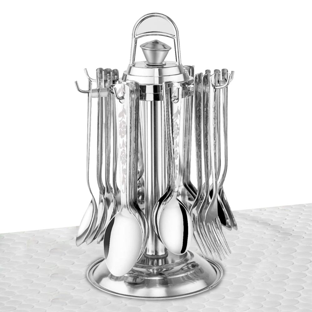Parage 25 Pieces Shagun Stainless Steel Cutlery Set for Home & Kitchen (Contains: 6 Spoons, 6 Forks, 6 Tea Spoons, 6 Soup Spoons, 1 SS Stand), Spoon Set, Dining Table Stylish, Silver