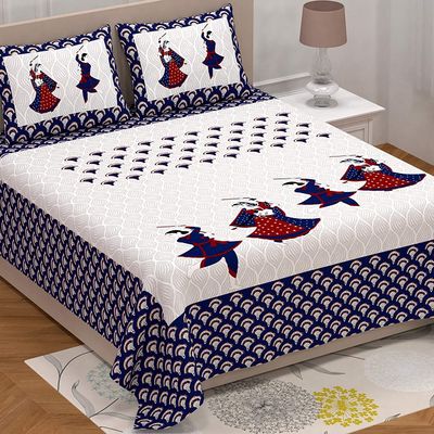 Tryambakam Cotton Lady Peacock Design Double Bedsheet with 2 Pillow Cover- Multi