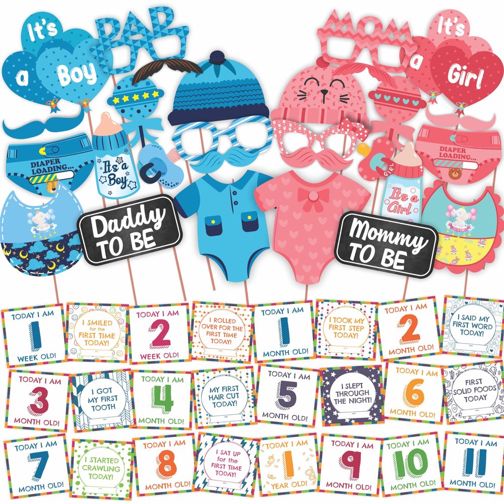 Wobbox Baby Shower Decoration Items| Baby Shower Photo Booth Props for Photoshoot, Baby Shower Milestone Card, Mom to Be Daddy to Be Decoration, Godh Bharai Decoration Kit-(FP347)