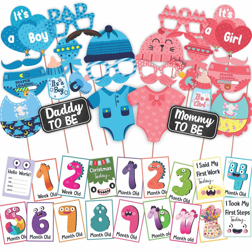Wobbox Baby Shower Decoration Items| Baby Shower Photo Booth Props for Photoshoot, Baby Shower Milestone Card, Mom to Be Daddy to Be Decoration, Godh Bharai Decoration Kit-(FP353)