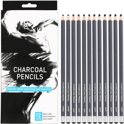 Paaroots Black Charcoal Pencils, 12 Pieces. Features 3 Grades of Charcoal Including Soft, Medium and Hard. For Detail Sketching and Drawing (Pack of 12)