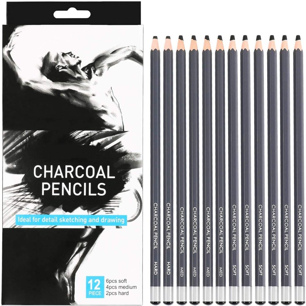 Paaroots Black Charcoal Pencils, 12 Pieces. Features 3 Grades of Charcoal Including Soft, Medium and Hard. For Detail Sketching and Drawing (Pack of 12)