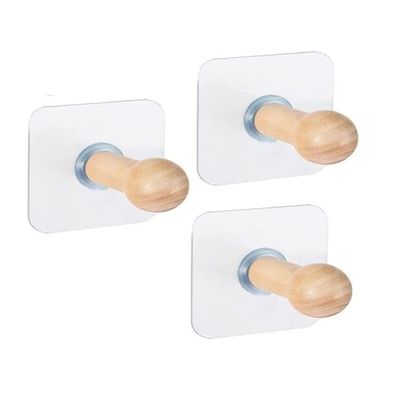 ZURATO Self Adhesive Wooden Hooks (Pack of 3) | Heavy Duty Wall Hooks | Waterproof, 4kg Load | Wood Hooks for Bathroom, Kitchen, Bedroom, Door & Wall Mount Hanging