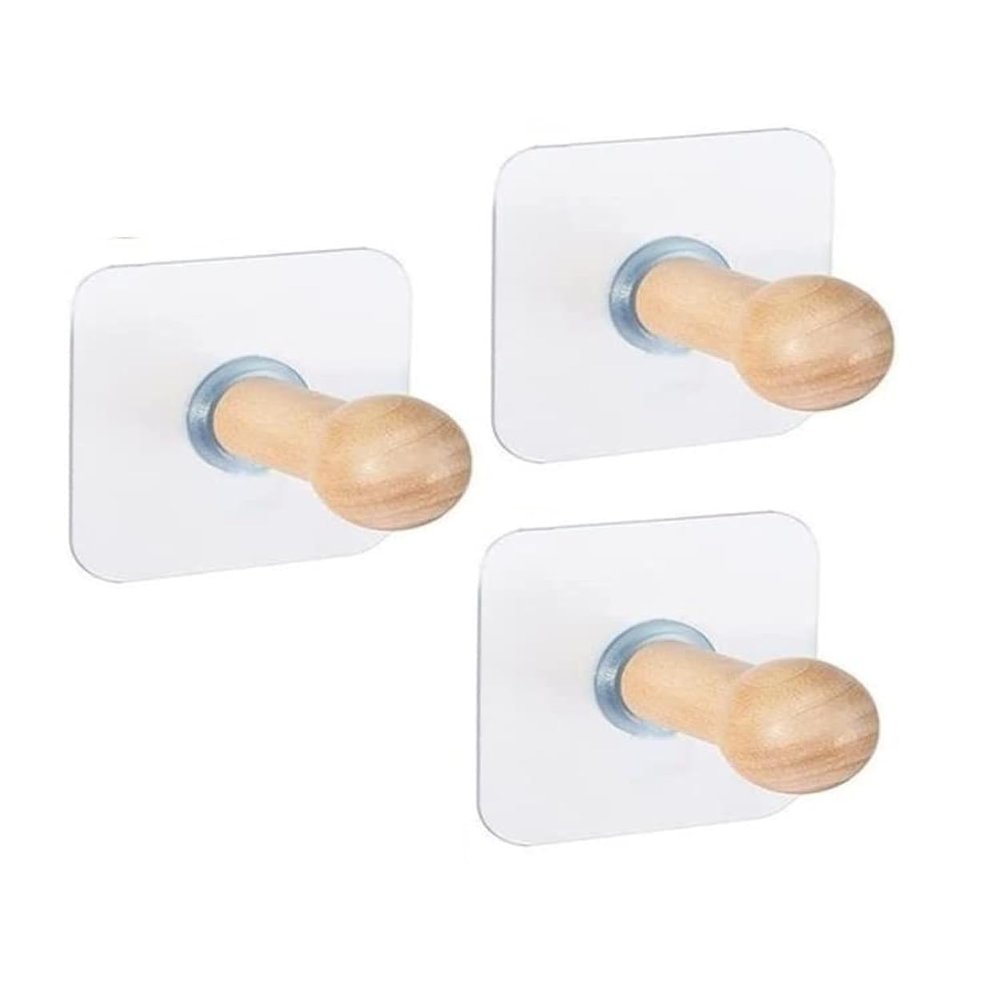 ZURATO Self Adhesive Wooden Hooks (Pack of 3) | Heavy Duty Wall Hooks | Waterproof, 4kg Load | Wood Hooks for Bathroom, Kitchen, Bedroom, Door & Wall Mount Hanging