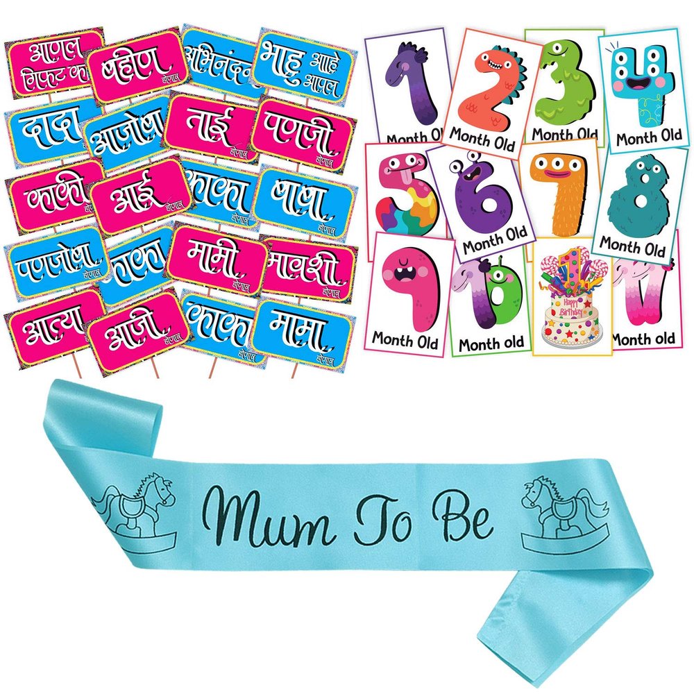 Wobbox Marathi Baby Shower Decoration Items| Baby Shower Ceremony Photo Booth Props for Photoshoot, Milestone Crad& Mom to Be Sash, Godh Bharai Ceremony Decoration Kit-(FP709)