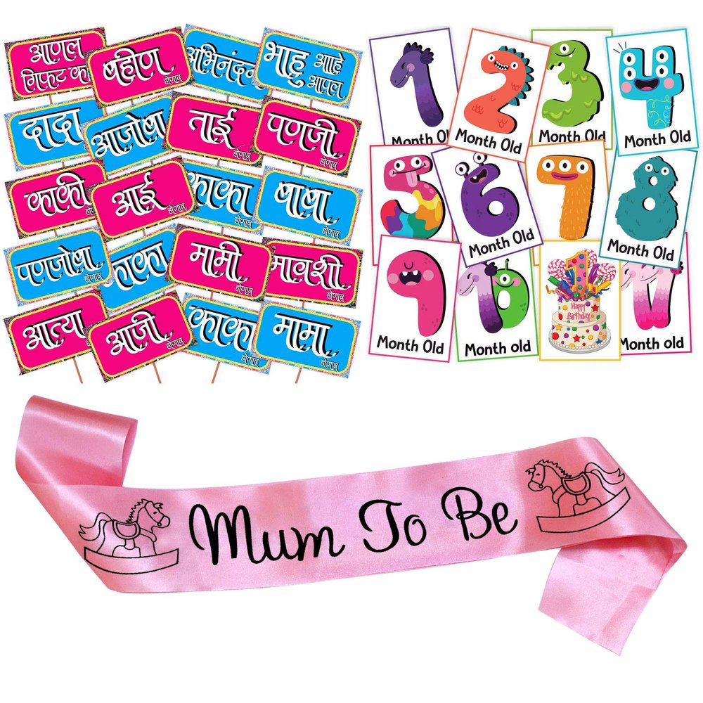 Wobbox Marathi Baby Shower Decoration Items| Baby Shower Ceremony Photo Booth Props for Photoshoot, Milestone Crad& Mom to Be Sash, Godh Bharai Ceremony Decoration Kit-(FP708)