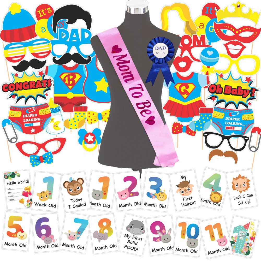 Wobbox Baby Shower Decoration Items| Baby Shower Ceremony Photo Booth Props for Photoshoot, Daddy to Be Badge & Mom to Be Sash with Milestone Card, Godh Bharai Ceremony Decoration Kit-(FP800)