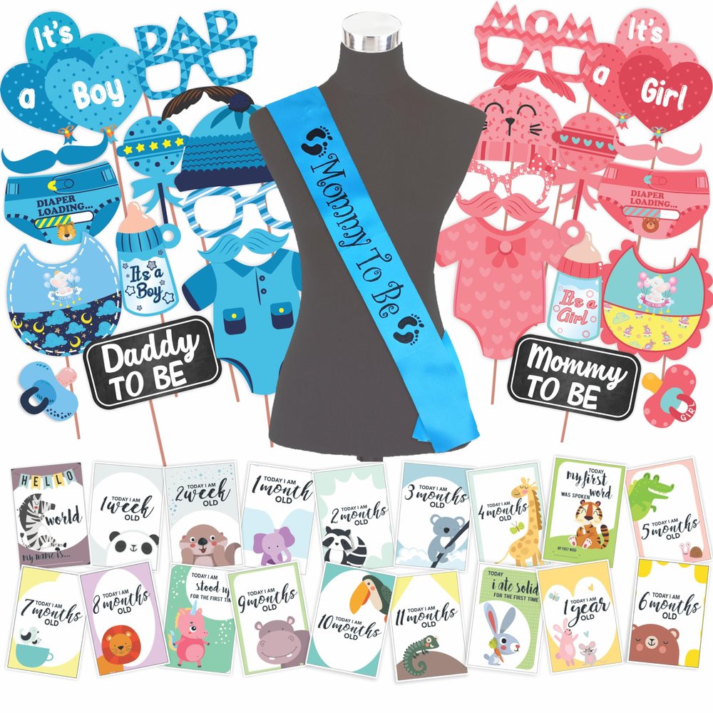 Wobbox Baby Shower Decoration Items| Baby Shower Ceremony Photo Booth Props for Photoshoot, Milestone Crad& Mom to Be Sash, Godh Bharai Ceremony Decoration Kit-(FP520)