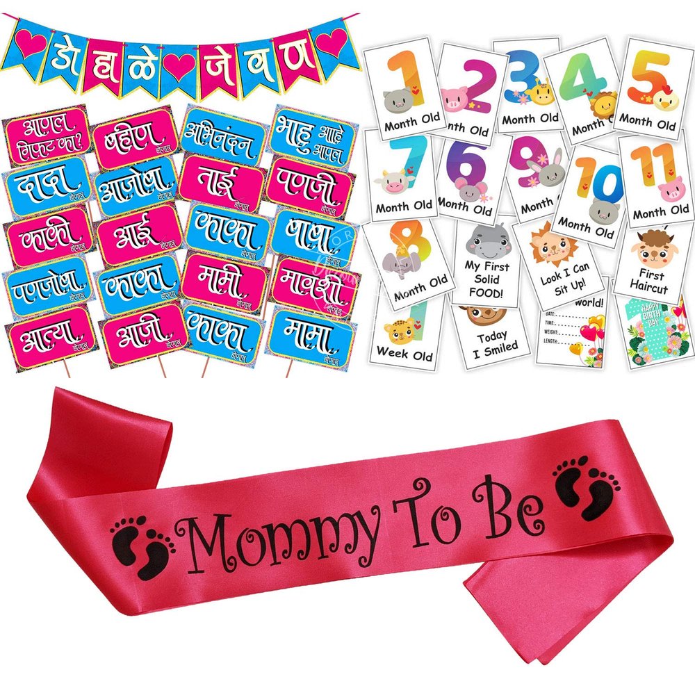 Wobbox Marathi Baby Shower Decoration Items| Baby Shower Ceremony Photo Booth Props for Photoshoot, Baby Shower Banner& Mom to Be Sash with Milestone Card, Godh Bharai Ceremony Decoration Kit-(FP238)