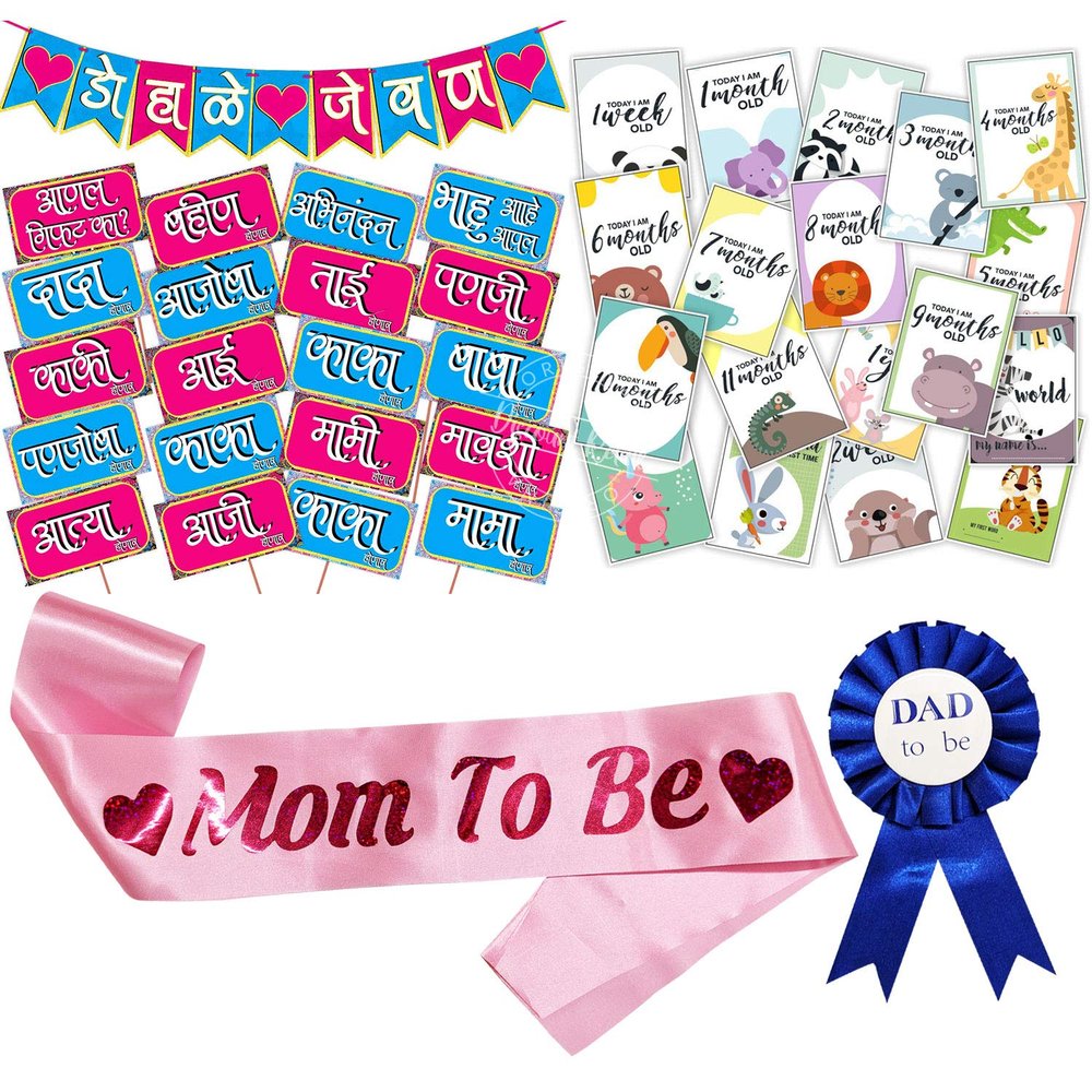 Wobbox Marathi Baby Shower Decoration Items| Baby Shower Photo Booth Props For Photoshoot, Baby Shower Banner, Mom To Be Sash, Daddy To Be Badge With Milestone Card, Godh Bharai Decoration Kit-(FP321)