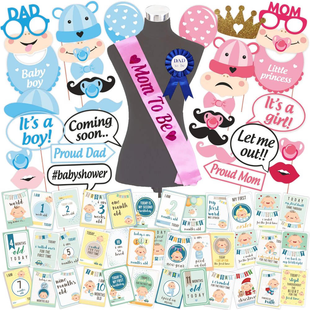 Wobbox Baby Shower Decoration Items| Baby Shower Ceremony Photo Booth Props for Photoshoot, Daddy to Be Badge & Mom to Be Sash with Milestone Card, Godh Bharai Ceremony Decoration Kit-(FP805)