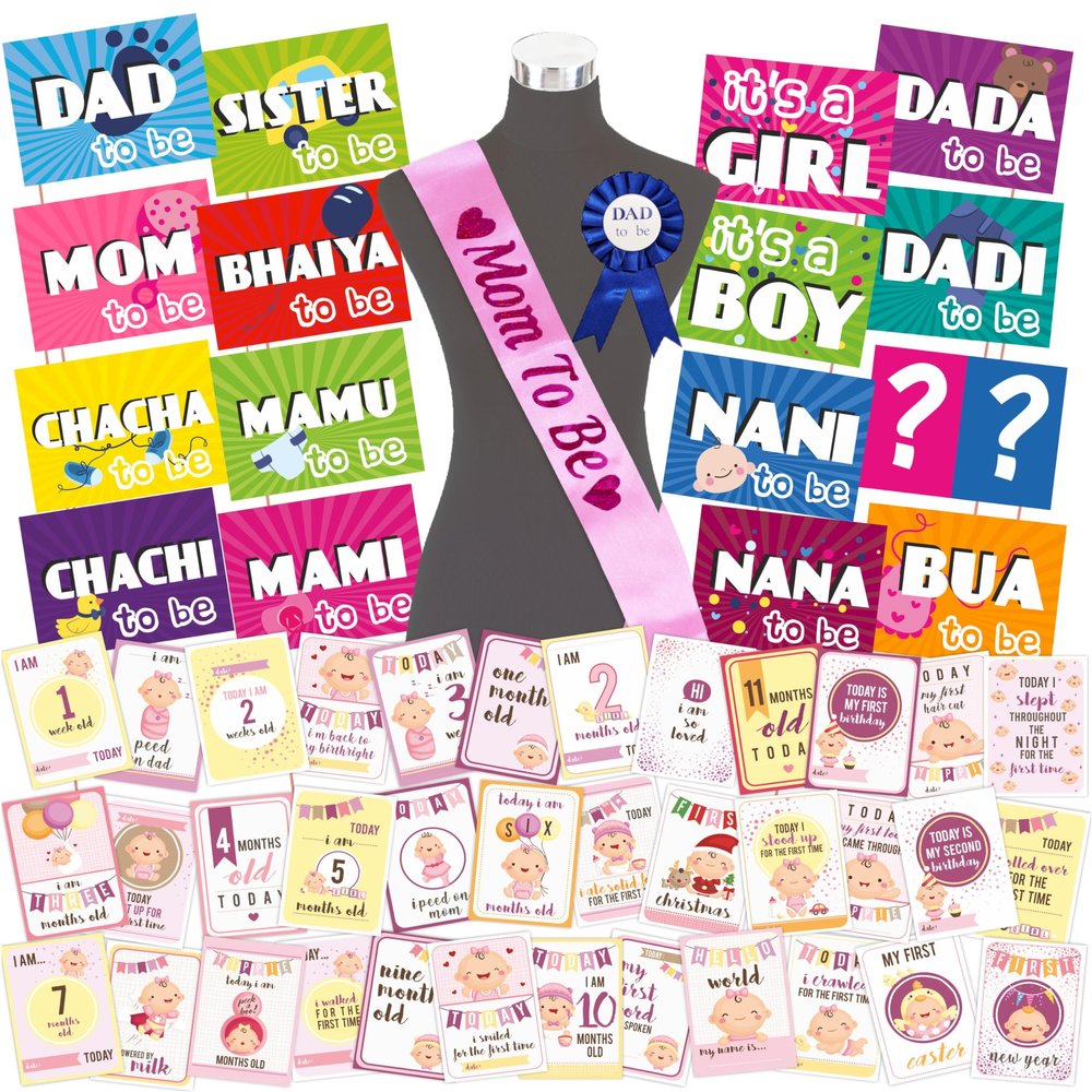 Wobbox Baby Shower Decoration Items| Baby Shower Ceremony Photo Booth Props for Photoshoot, Daddy to Be Badge & Mom to Be Sash with Milestone Card, Godh Bharai Ceremony Decoration Kit-(FP807)