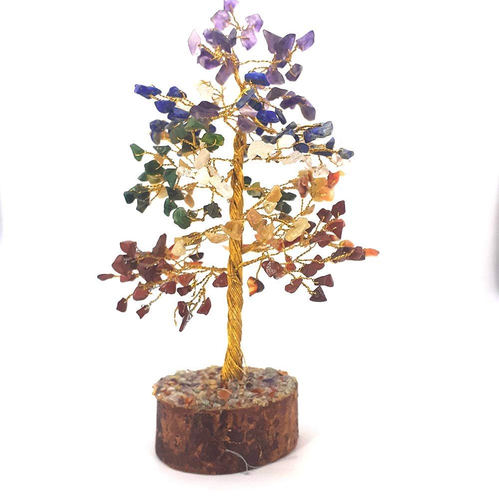 FENGSHUI AGATE Healing Stones Seven Chakra Natural Gemstone Bonsai Fortune Money Tree, Golden Wire 200 Beads, 9-10 Inches