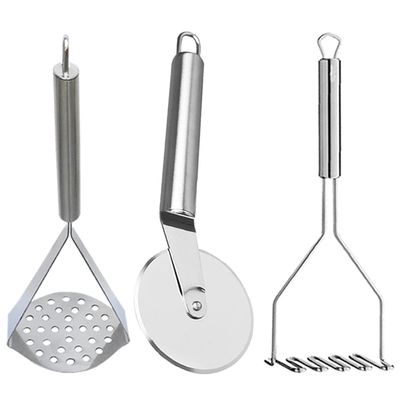 Oc9 Stainless Steel Wheel Pizza Cutter & 2 Vegetable Masher/Pav Bhaji Masher/Potato Masher for Silver Kitchen Tool Set