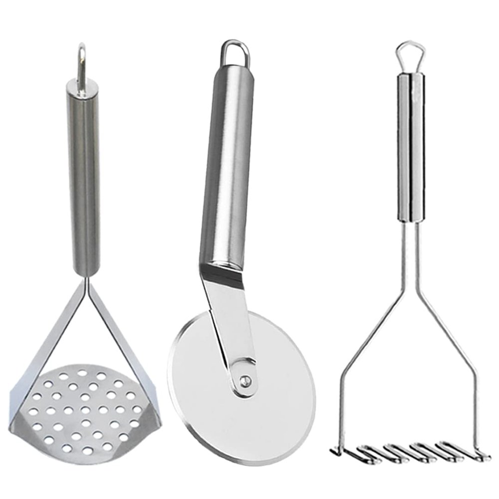 Oc9 Stainless Steel Wheel Pizza Cutter & 2 Vegetable Masher/Pav Bhaji Masher/Potato Masher for Silver Kitchen Tool Set