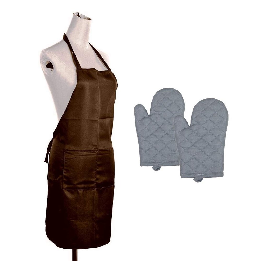 HFI Kitchen Linen Set - Oven Mitts Cotton Gloves (Grey, 2 Pcs) & Kitchen Polyester Apron (Brown, 1 Pc)
