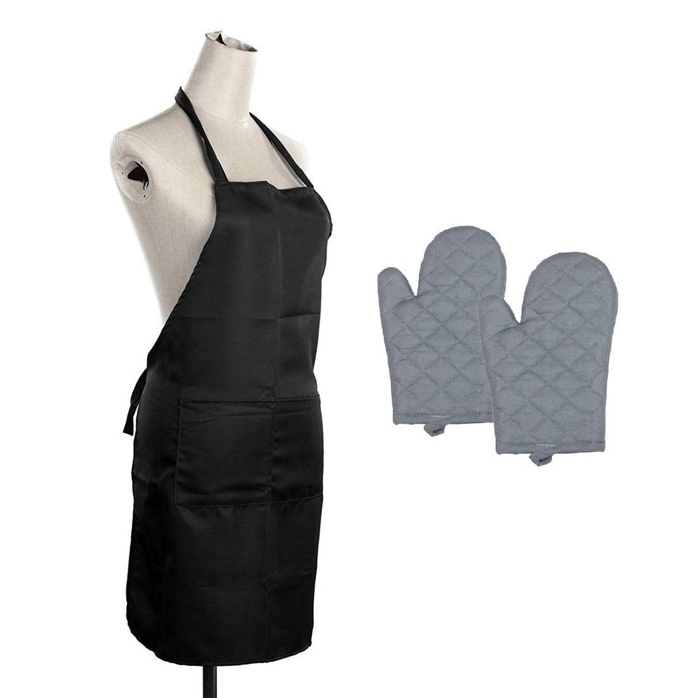 HFI Kitchen Linen Set - Oven Mitts Cotton Gloves (Grey, 2 Pcs) & Kitchen Polyester Apron (Black, 1 Pc)