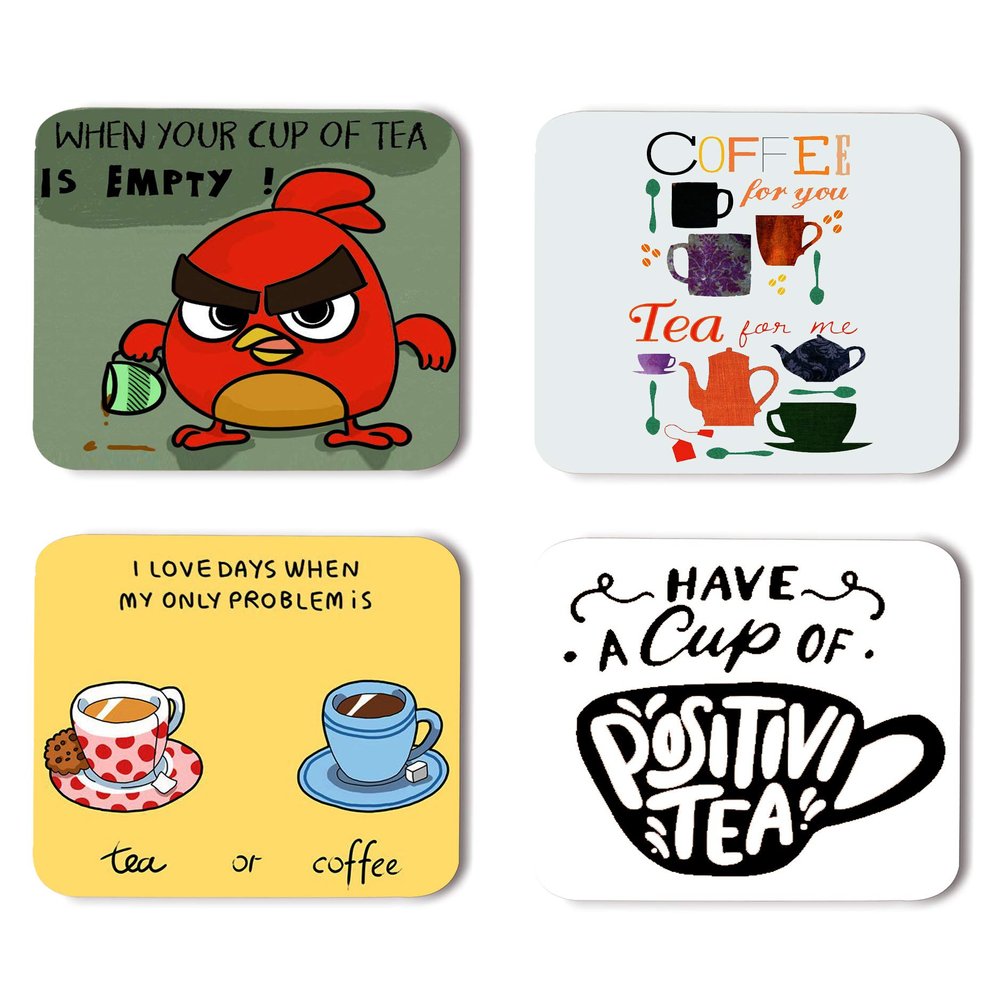 WHATS YOUR KICK Tea Quotes Inspired Printed Coasters with Beautiful Metal Stand/Holder (MDF Wooden, Set of 4, 3.5x3.5 Inch, Square) for [ Tea/Coffee/Mug/ ] Quotes, Masala Tea, Chai (Multi 3)
